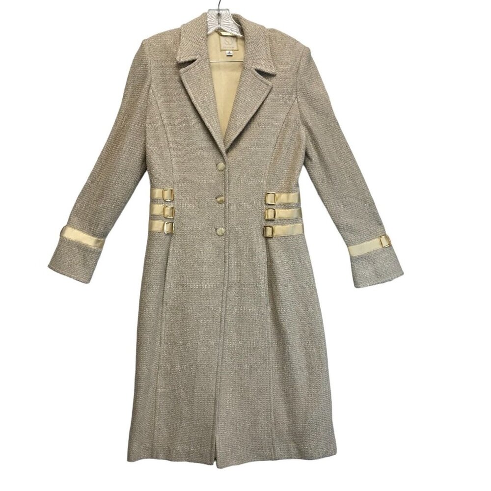 ST. JOHN Couture Santana Knit Womens 8 Duster Long Line Coat Fitted Cream Tan